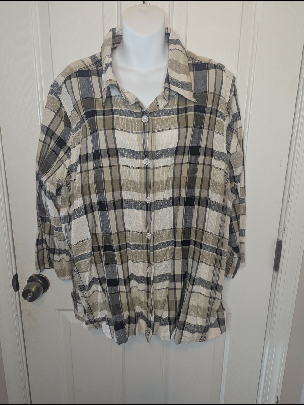 Cabin Creek 2X Plus Plaid Button Front Blouse 3/4 Sleeve Neutral Tan